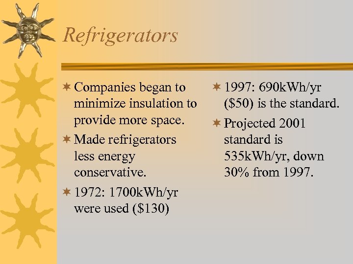 Refrigerators ¬ Companies began to minimize insulation to provide more space. ¬ Made refrigerators