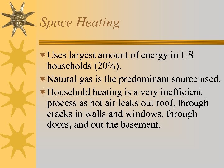 Space Heating ¬Uses largest amount of energy in US households (20%). ¬Natural gas is