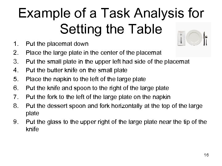 Example of a Task Analysis for Setting the Table 1. 2. 3. 4. 5.