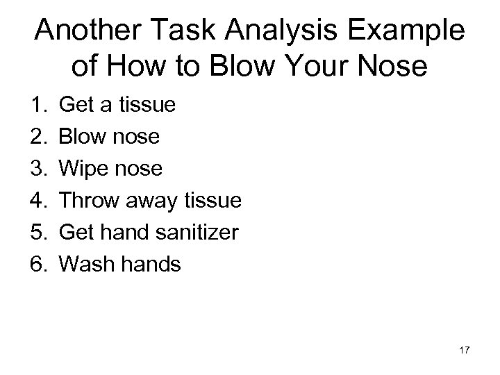 Another Task Analysis Example of How to Blow Your Nose 1. 2. 3. 4.