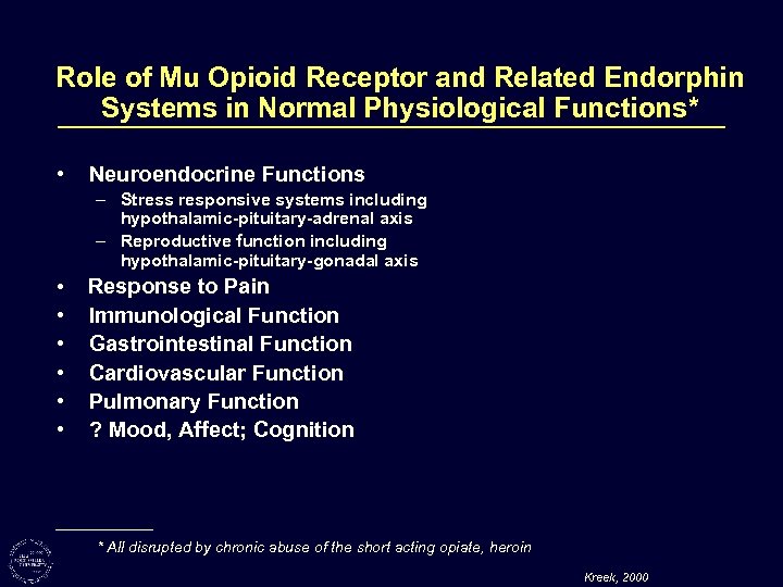 Role of Mu Opioid Receptor and Related Endorphin Systems in Normal Physiological Functions* •