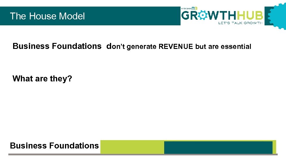 The House Model Business Foundations don’t generate REVENUE but are essential What are they?