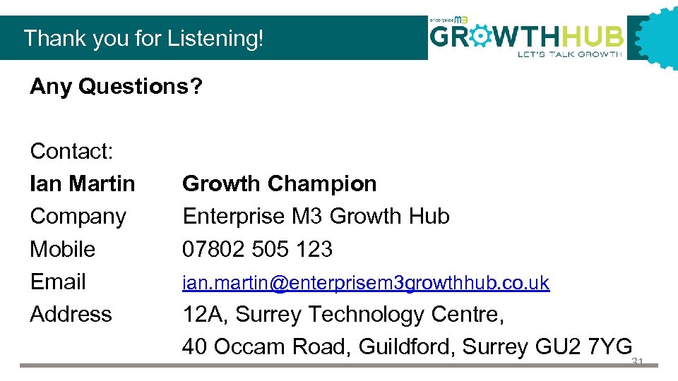 Thank you for Listening! Any Questions? Contact: Ian Martin Company Mobile Email Address Growth