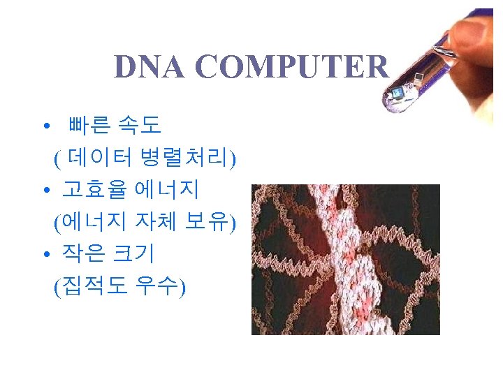 DNA COMPUTER • 빠른 속도 ( 데이터 병렬처리) • 고효율 에너지 (에너지 자체 보유)