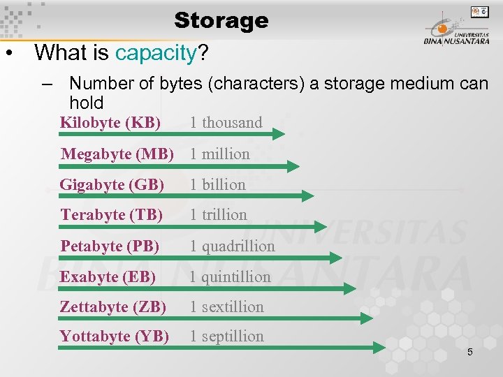 Storage • What is capacity? – Number of bytes (characters) a storage medium can