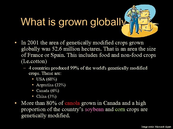 What is grown globally? • In 2001 the area of genetically modified crops grown