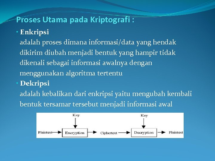 Proses Utama pada Kriptografi : • Enkripsi adalah proses dimana informasi/data yang hendak dikirim