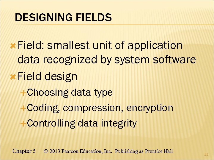 DESIGNING FIELDS Field: smallest unit of application data recognized by system software Field design