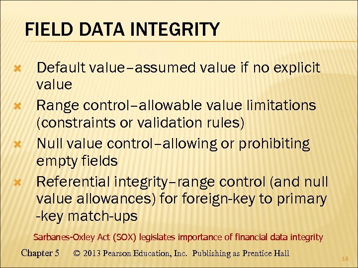 FIELD DATA INTEGRITY Default value–assumed value if no explicit value Range control–allowable value limitations