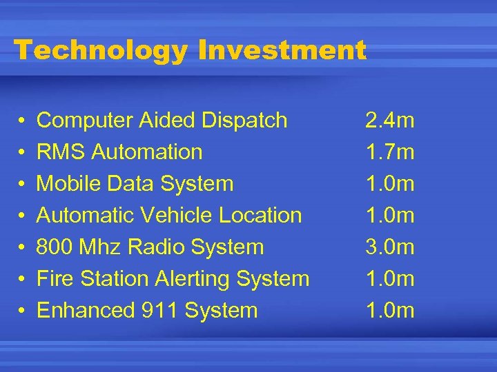 Technology Investment • • Computer Aided Dispatch RMS Automation Mobile Data System Automatic Vehicle