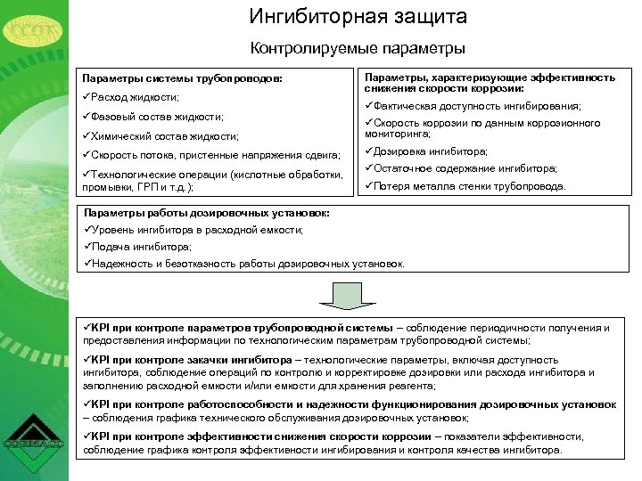 Ингибиторная защита Контролируемые параметры Параметры системы трубопроводов: üРасход жидкости; üФазовый состав жидкости; Параметры, характеризующие