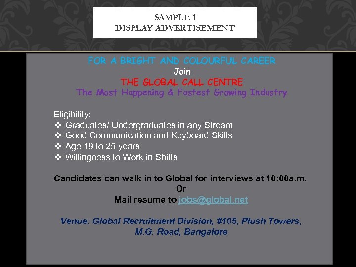 SAMPLE 1 DISPLAY ADVERTISEMENT FOR A BRIGHT AND COLOURFUL CAREER Join THE GLOBAL CALL