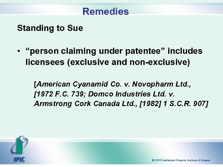 Remedies Standing to Sue • “person claiming under patentee” includes licensees (exclusive and non-exclusive)