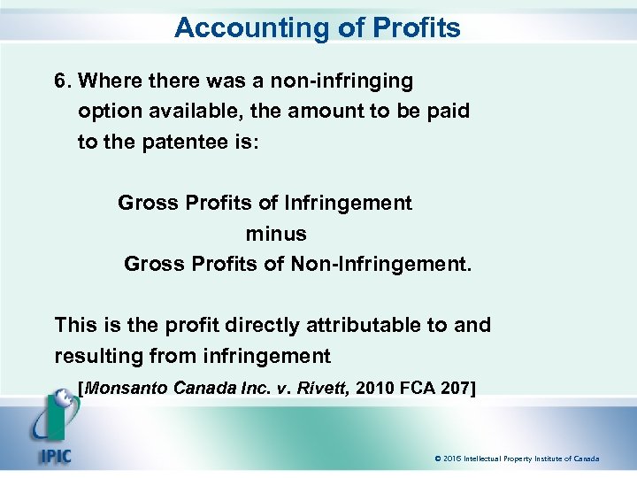 Accounting of Profits 6. Where there was a non-infringing option available, the amount to
