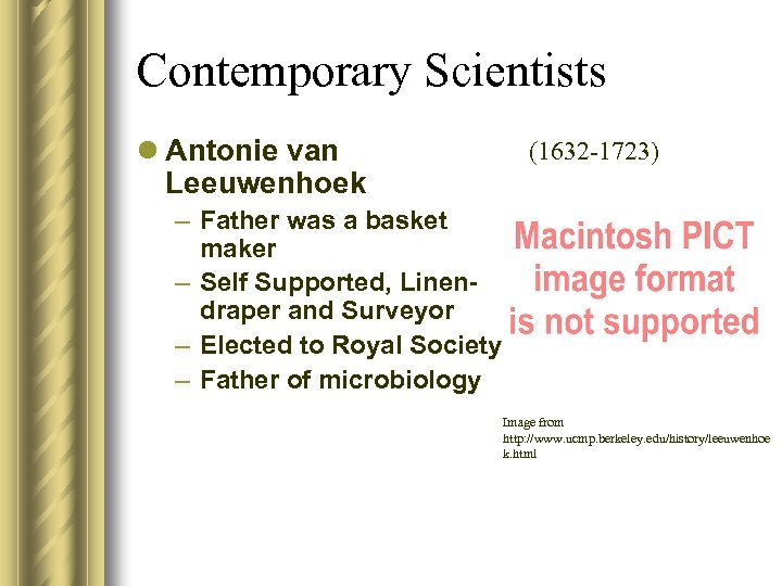 Contemporary Scientists l Antonie van Leeuwenhoek (1632 -1723) – Father was a basket maker