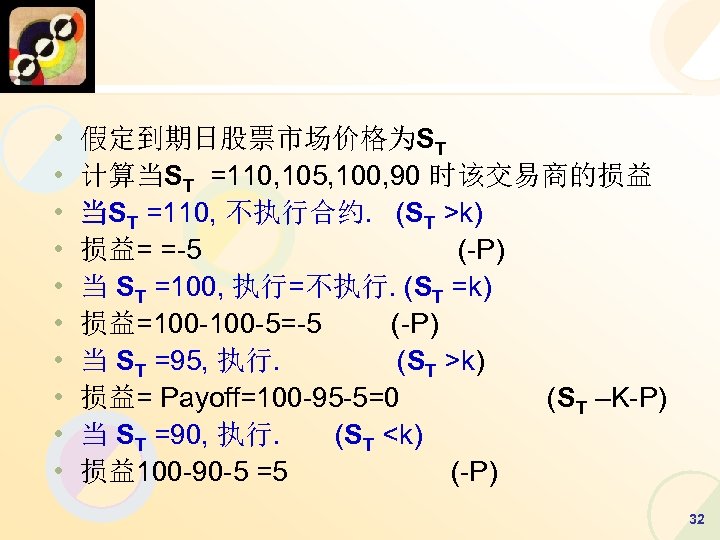  • • • 假定到期日股票市场价格为ST 计算当ST =110, 105, 100, 90 时该交易商的损益 当ST =110, 不执行合约.