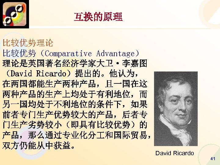 互换的原理 比较优势理论 比较优势（Comparative Advantage） 理论是英国著名经济学家大卫·李嘉图 （David Ricardo）提出的。他认为， 在两国都能生产两种产品，且一国在这 两种产品的生产上均处于有利地位，而 另一国均处于不利地位的条件下，如果 前者专门生产优势较大的产品，后者专 门生产劣势较小（即具有比较优势）的 产品，那么通过专业化分 和国际贸易，