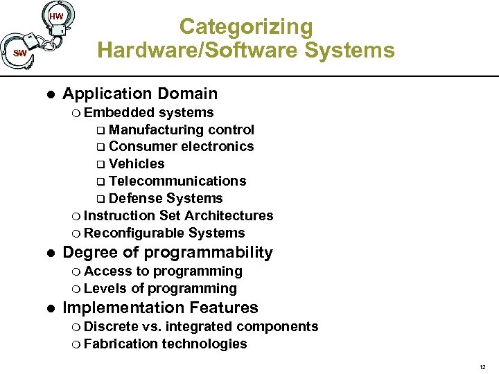 HW SW l Categorizing Hardware/Software Systems Application Domain m Embedded systems q Manufacturing control