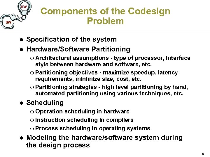 HW SW l l Components of the Codesign Problem Specification of the system Hardware/Software