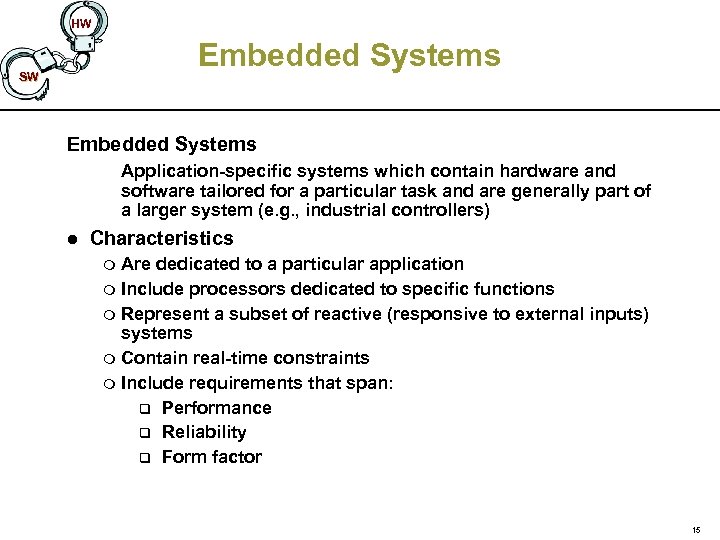 HW Embedded Systems SW Embedded Systems Application-specific systems which contain hardware and software tailored