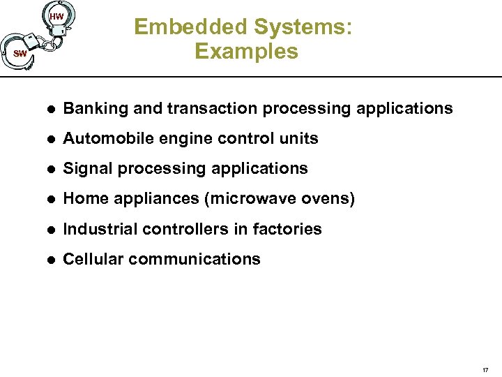 HW SW Embedded Systems: Examples l Banking and transaction processing applications l Automobile engine