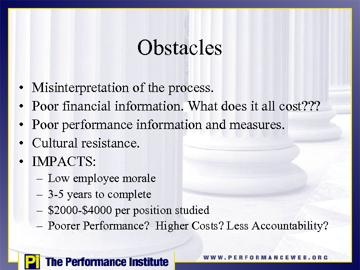 Obstacles • • • Misinterpretation of the process. Poor financial information. What does it
