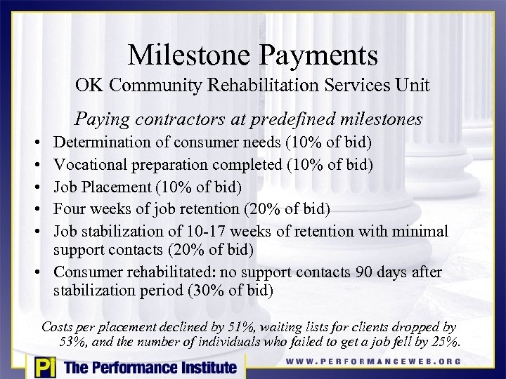 Milestone Payments OK Community Rehabilitation Services Unit Paying contractors at predefined milestones • •