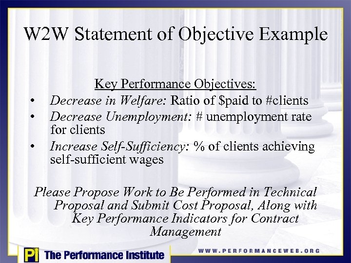 W 2 W Statement of Objective Example • • • Key Performance Objectives: Decrease