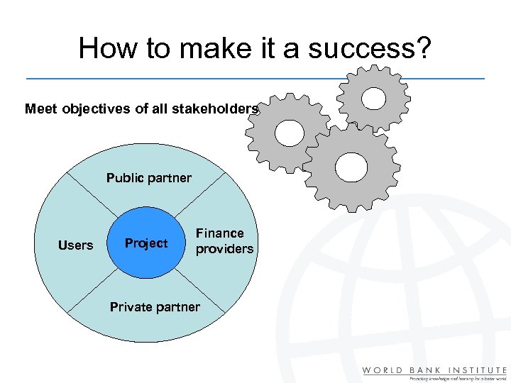 How to make it a success? Meet objectives of all stakeholders Public partner Users