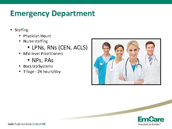 Emergency Department • Staffing • Physician Hours • Nurse staffing • LPNs, RNs (CEN,