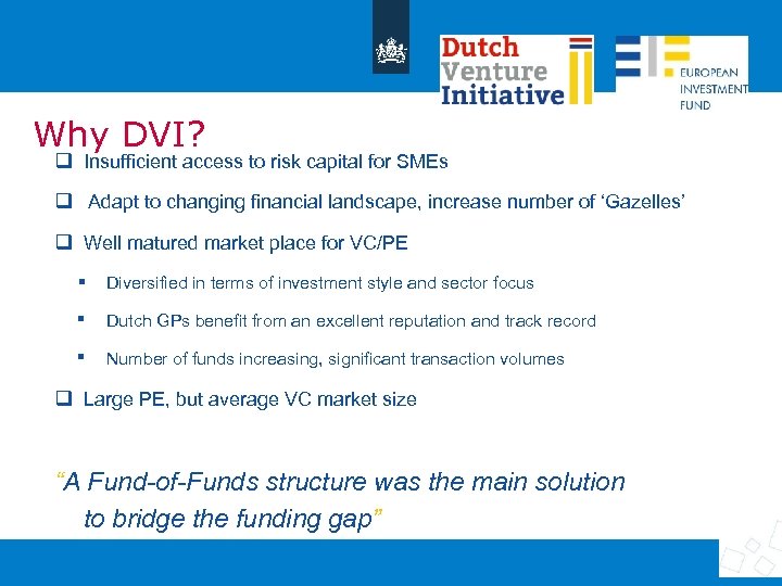 Why DVI? Insufficient access to risk capital for SMEs Adapt to changing financial landscape,