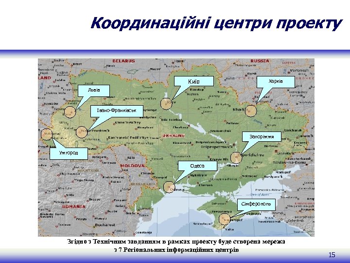 Координаційні центри проекту Київ Харків Львів Івано-Франківськ Запоріжжя Ужгород Одеса Сімферополь Згідно з Технічним