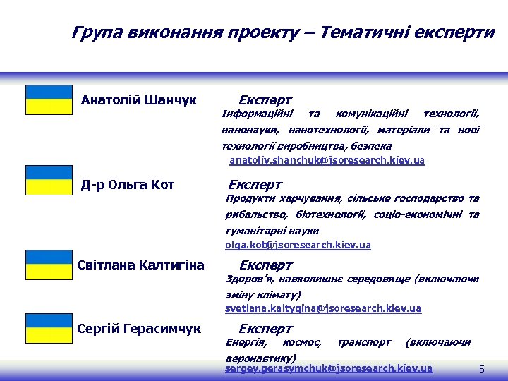 Група виконання проекту – Тематичні експерти Анатолій Шанчук Експерт Інформаційні та комунікаційні технології, нанонауки,