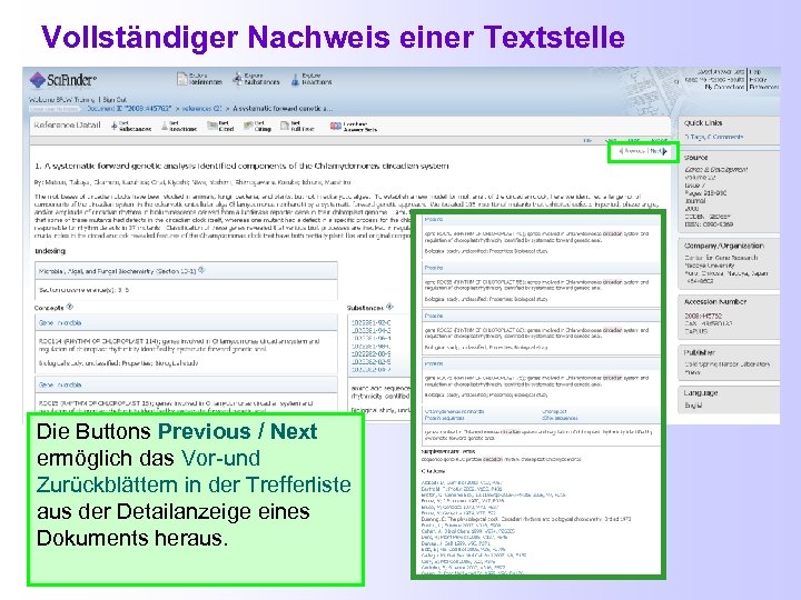 Vollständiger Nachweis einer Textstelle Die Buttons Previous / Next ermöglich das Vor-und Zurückblättern in