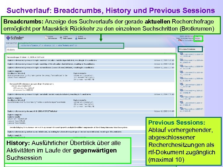 Suchverlauf: Breadcrumbs, History und Previous Sessions Breadcrumbs: Anzeige des Suchverlaufs der gerade aktuellen Recherchefrage