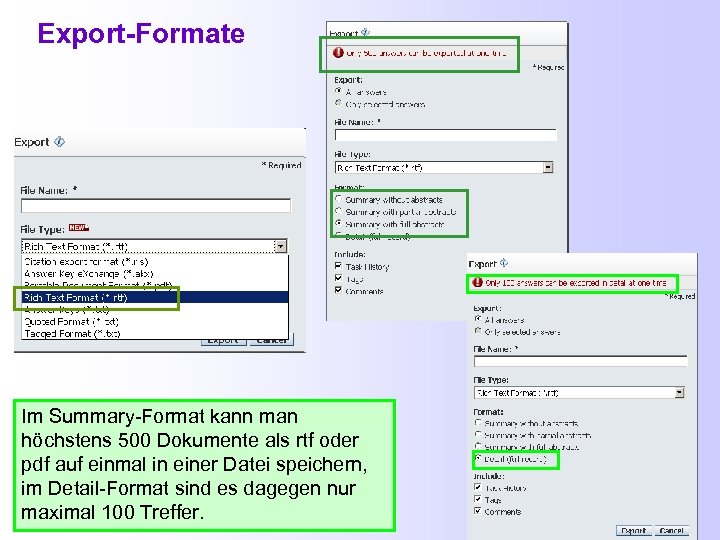 Export-Formate Im Summary-Format kann man höchstens 500 Dokumente als rtf oder pdf auf einmal
