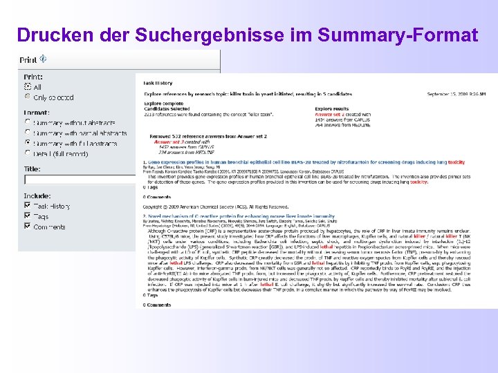 Drucken der Suchergebnisse im Summary-Format 