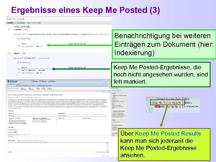 Ergebnisse eines Keep Me Posted (3) Benachrichtigung bei weiteren Einträgen zum Dokument (hier: Indexierung)