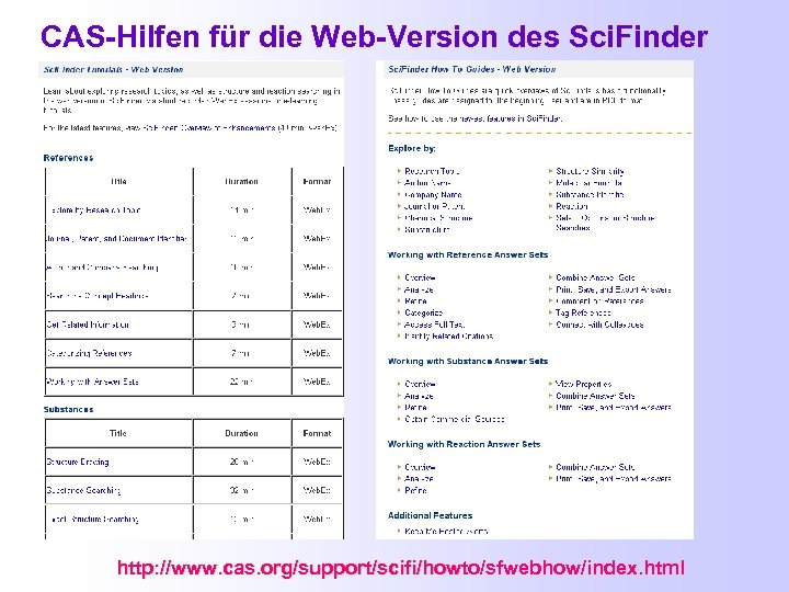 CAS-Hilfen für die Web-Version des Sci. Finder http: //www. cas. org/support/scifi/howto/sfwebhow/index. html 