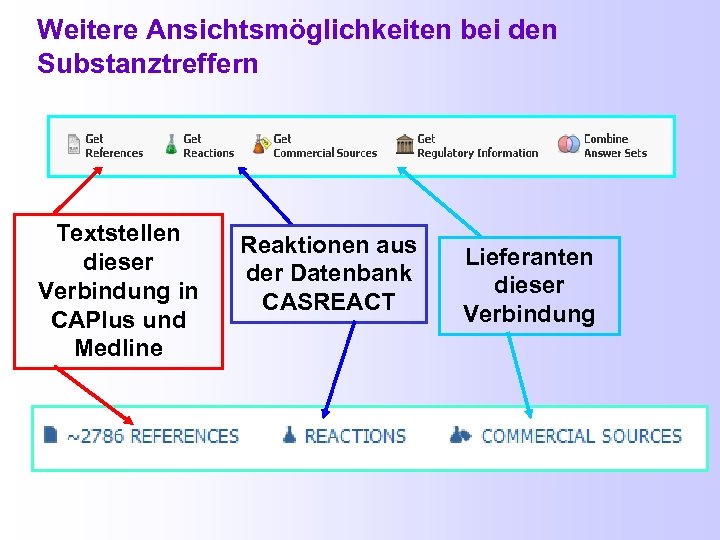 Weitere Ansichtsmöglichkeiten bei den Substanztreffern Textstellen dieser Verbindung in CAPlus und Medline Reaktionen aus