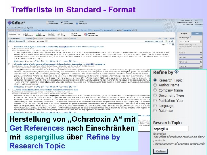 Trefferliste im Standard - Format Herstellung von „Ochratoxin A“ mit Get References nach Einschränken