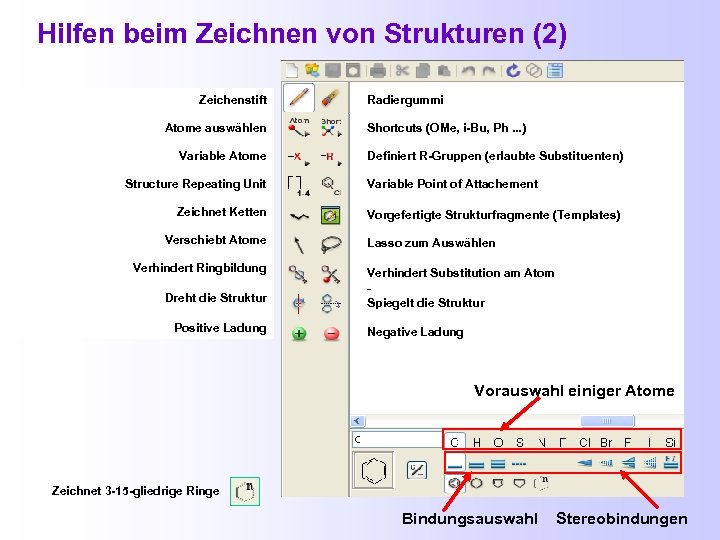 Hilfen beim Zeichnen von Strukturen (2) Zeichenstift Atome auswählen Variable Atome Structure Repeating Unit