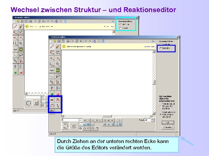 Wechsel zwischen Struktur – und Reaktionseditor Durch Ziehen an der unteren rechten Ecke kann