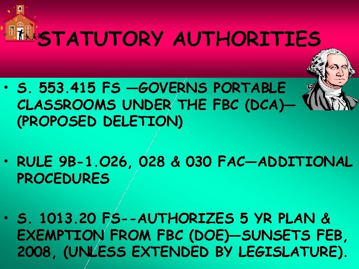 STATUTORY AUTHORITIES • S. 553. 415 FS —GOVERNS PORTABLE CLASSROOMS UNDER THE FBC (DCA)—