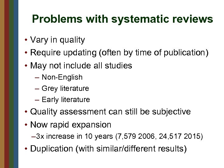 Problems with systematic reviews • Vary in quality • Require updating (often by time