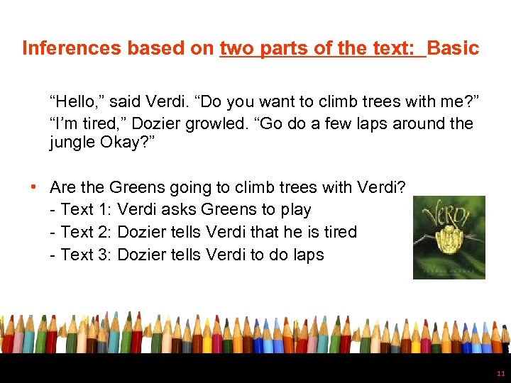 Inferences based on two parts of the text: Basic “Hello, ” said Verdi. “Do