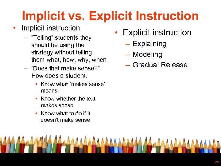 Implicit vs. Explicit Instruction • Implicit instruction – “Telling” students they should be using