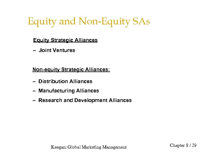 Equity and Non-Equity SAs Equity Strategic Alliances – Joint Ventures Non-equity Strategic Alliances: –