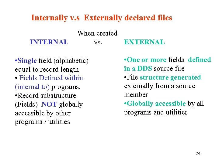 Internally v. s Externally declared files INTERNAL When created vs. EXTERNAL • Single field