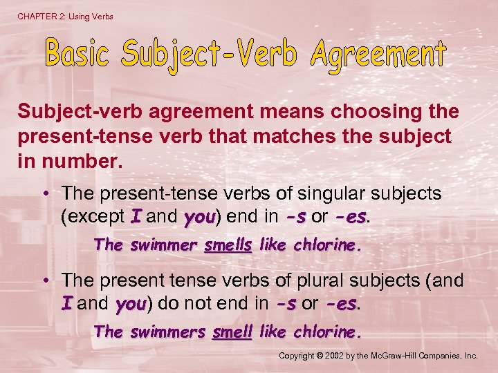 CHAPTER 2: Using Verbs Subject-verb agreement means choosing the present-tense verb that matches the